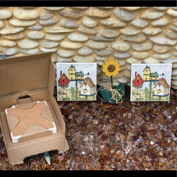 🏡FOUR STONE ART ABSORBENT COASTERS “Welcome to Our Nest” & birdhouse motif. New - Picture 2 of 5